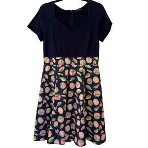 eShakti Custom Peach Print Short Sleeve Midi Dress Navy Orange Yellow Green